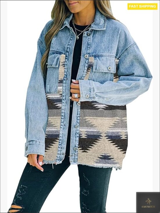 Jackets & Blazers - Vintage Distressed Aztec Denim Jacket Button Down Shacket Oversized Long Sleeve
